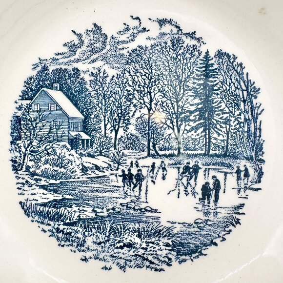 Currier and Ives Early Winter Royal Dinner Bowl 8 inch Blue White Underglaze USA - Picture 2 of 5